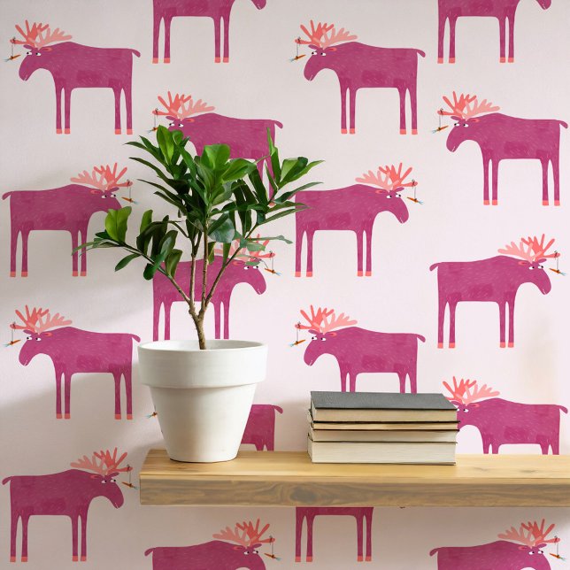 Fun Pink Elk Muster Tapete (Fun pink moose or elk animal pattern peel and stick art wallpaper)