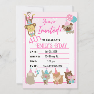 Fun pink Geburtstagsparty Tiere, Ballons, Geschenk Einladung