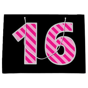 Fun Pink gestreift "16"; glücklich 16. Geburtstag; Große Geschenktüte