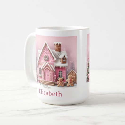 Fun Pink Gingerbread House Christmas Kaffeetasse (Vorderseite Links)