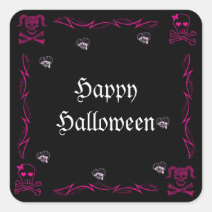 Fun Pink Girl Gothic Skulls Halloween Quadratischer Aufkleber
