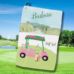 Fun Pink Golf Cart Landschaftlicher Personalisiert Golfhandtuch