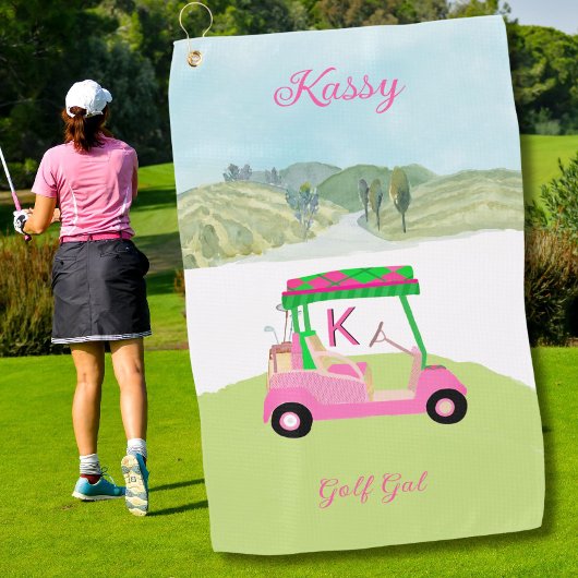 Fun Pink Golf Cart Landschaftlicher Personalisiert Golfhandtuch