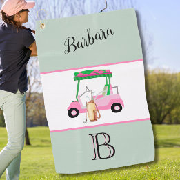 Fun Pink Golf Cart Monogram Name Golf Handtuch