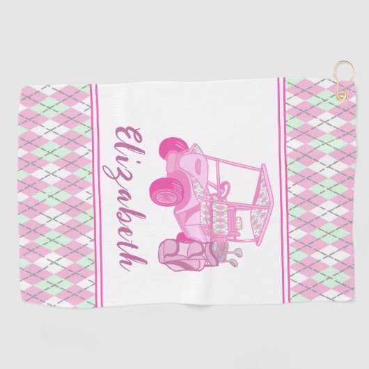 Fun Pink Golf Cart Preppy Personalisiert Ladys Golfhandtuch (Horizontal)