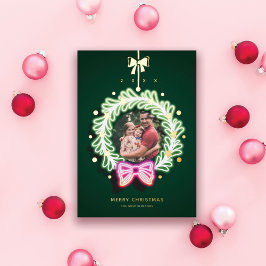 Fun Pink Green Neon Lights Weihnachtsfeuer Foto Folien Feiertagskarte