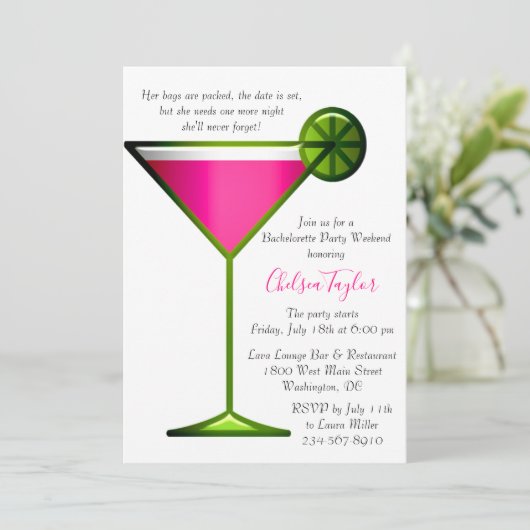 Fun Pink Martini Cocktail Stunden Junggeselinnen-A Einladung (Stehend Vorderseite)