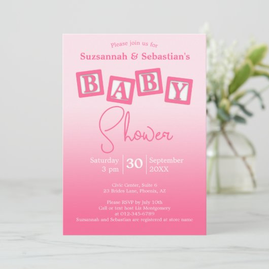 Fun Pink Ombre BABY Girl Blocks Einladung (Stehend Vorderseite)