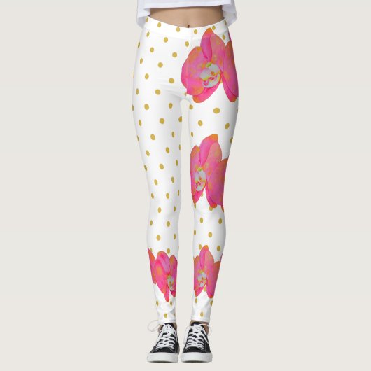 Fun Pink Orchid Aquarell, goldene Punkte Leggings (Vorderseite)