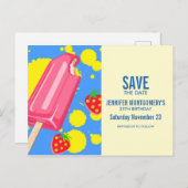 Fun Pink Popsicle und Erdbeeren Save the Date Postkarte (Vorne/Hinten)