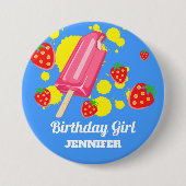 Fun Pink Popsicle und Strawberries Birthday Girl Button (Vorderseite)
