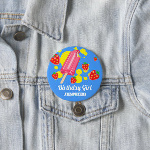 Fun Pink Popsicle und Strawberries Birthday Girl Button
