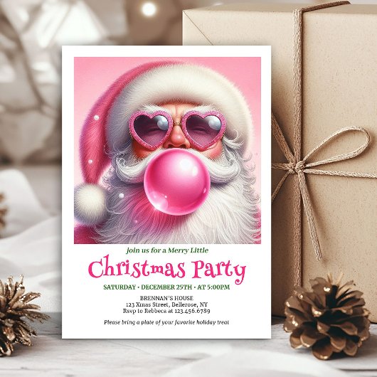 Fun pink santa chewing gum watercolor Xmas invite Einladung