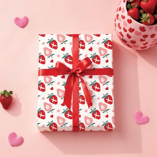 Fun Pink Strawberry XOX Valentinstag Muster Geschenkpapier