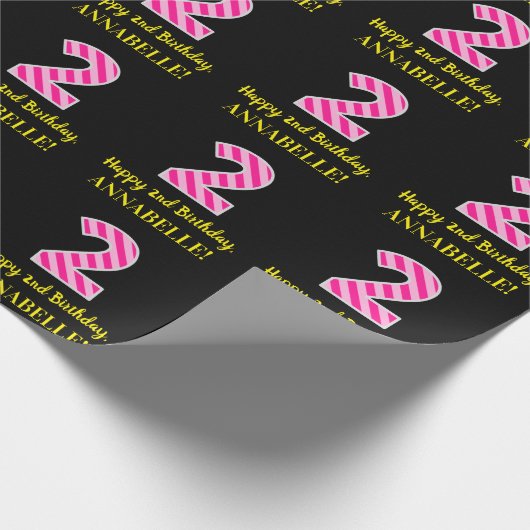 Fun Pink Streifen "2"; Happy 2nd Birthday; Name Geschenkpapier (Ecke)