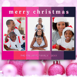 Fun Pink Streifen 3 Foto Collage Frohe Weihnachten Folien Feiertagskarte