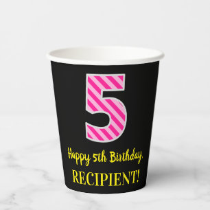 Fun Pink Streifen "5": glücklich 5. Geburtstag + N Pappbecher