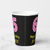 Fun Pink Streifen "65": Glücklich 65. Geburtstag + Pappbecher (Rechts)