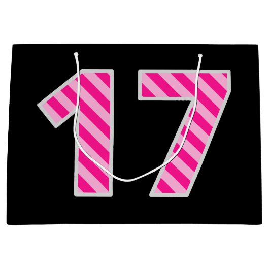 Fun Pink Striped "17"; glücklich 17. Geburtstag; N Große Geschenktüte (Vorderseite)