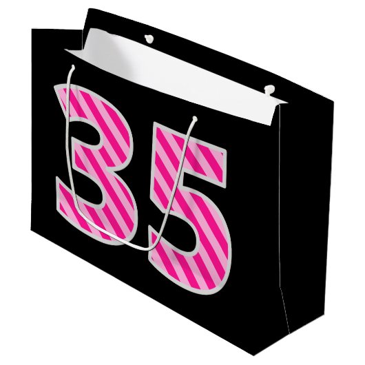 Fun Pink Striped "35"; Happy 35 th Birthday; Name Große Geschenktüte (Vorderseite Schrägansicht)