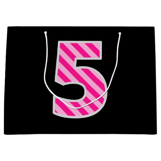 Fun Pink Striped "5"; Happy 5th Birthday; Name Große Geschenktüte (Vorderseite)