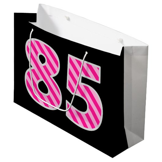 Fun Pink Striped "85"; Happy 85 th Birthday; Name Große Geschenktüte (Vorderseite Schrägansicht)