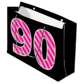 Fun Pink Striped "90"; Happy 90 th Birthday; Name Große Geschenktüte (Vorderseite Schrägansicht)