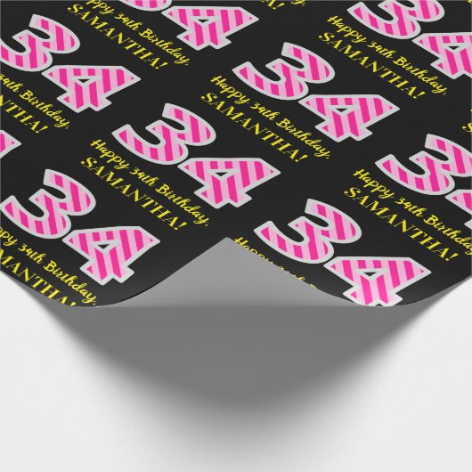 Fun Pink Stripes "34"; Glücklicher 34. Geburtstag; Geschenkpapier (Ecke)
