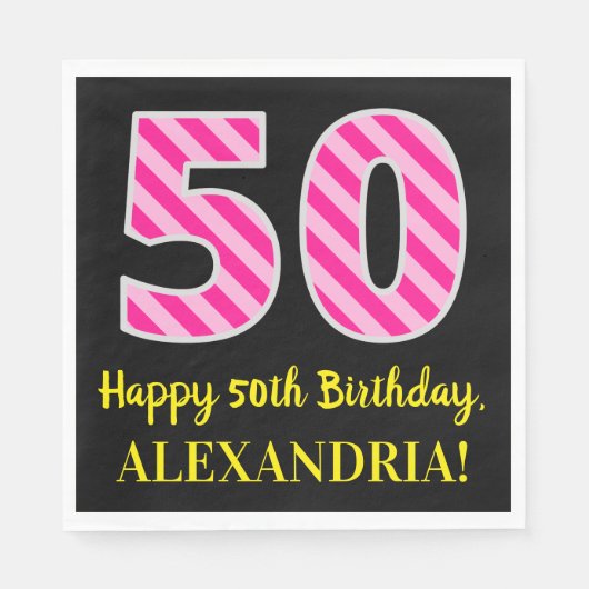 Fun Pink Stripes "50"; Happy 50 th Birthday; Name Serviette (Vorderseite)