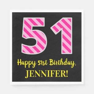 Fun Pink Stripes "51"; Happy 51. Geburtstag; Name Serviette
