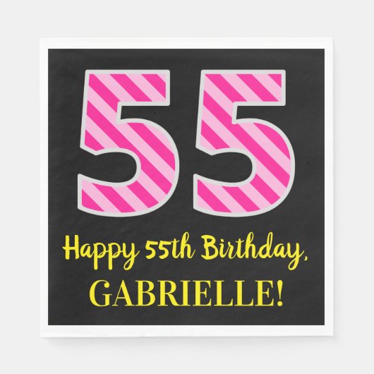 Fun Pink Stripes "55"; Happy 55 th Birthday; Name Serviette (Vorderseite)