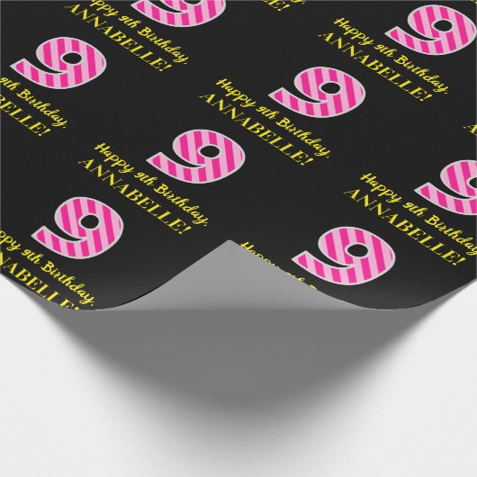 Fun Pink Stripes "9"; Happy 9th Birthday; Name Geschenkpapier (Ecke)