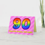 Fun Pink Stripes, Hearts, Rainbow # 90th Birthday Karte<br><div class="desc">This festive and happy 90th birthday greeting card design has a front featuring a large number "90" having a colorful pattern inspirred by the look of a rainbow spectrum, wir haben dark pink and light pink heart shapes striped pattern background. The front also feature the message "Happy 90th Birthday", and...</div>