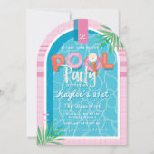 Fun Pink Tropical Palm Summer Pool Party Geburtsta Einladung (Vorderseite)