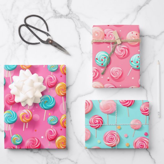 Fun Pink und Blue Lollipops Candy Lane Geschenkpapier Set (Vorderseite)