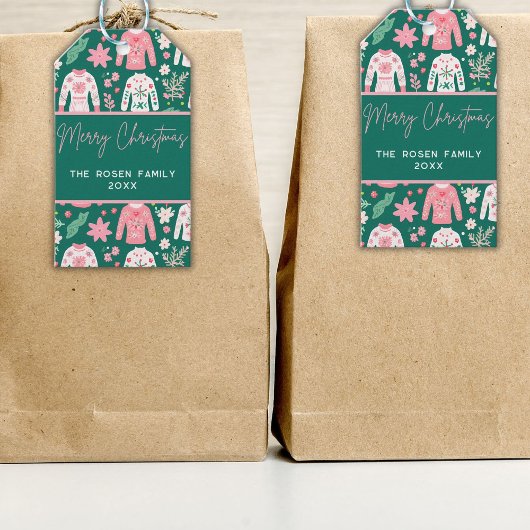 Fun Pink und Green Ugly Sweater Weihnachtsfeiertag Geschenkanhänger