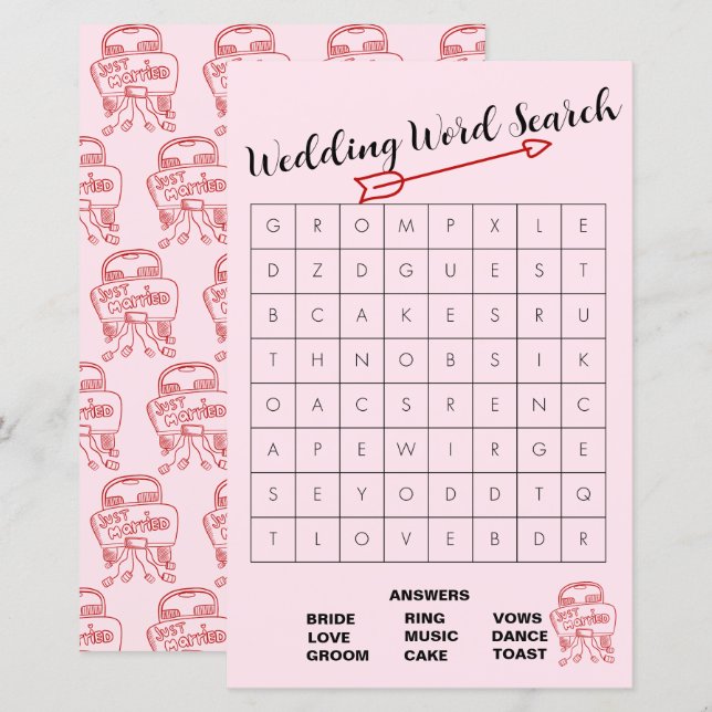 Fun Pink und Red Wedding Word Search Game (Vorne/Hinten)