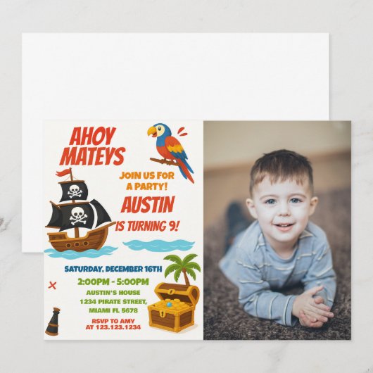 Fun Pirate Geburtstag Einladung mit Foto (Vorne/Hinten)