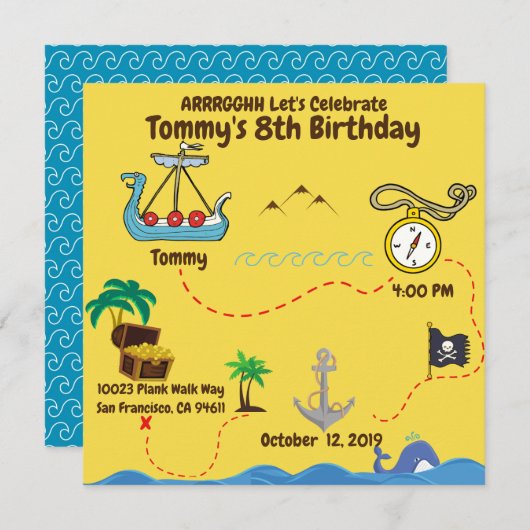 Fun Pirate Party Yellow|Blue Treasmap (Vorne/Hinten)
