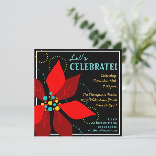 Fun Poinsettia Retro Feiertag Einladung (Stehend Vorderseite)