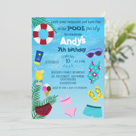 Fun Pool Geburtstagsparty Einladung (Stehend Vorderseite)