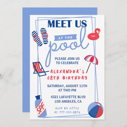Fun Pool Party zum 68. Geburtstag Einladungen Somm (Vorne/Hinten)