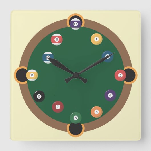 Fun Pool Table Quadratische Wanduhr (Vorderseite)