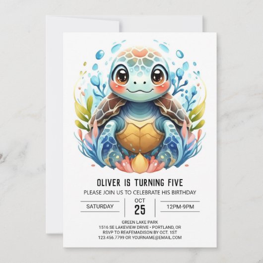 Fun Printable Blue Turtle Boy Birthday Einladung (Vorderseite)