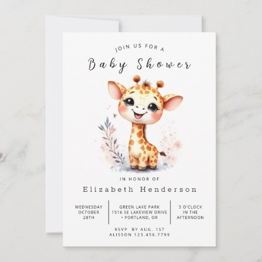 Fun Printable Giraffe Baby Dusche Einladung (Vorderseite)