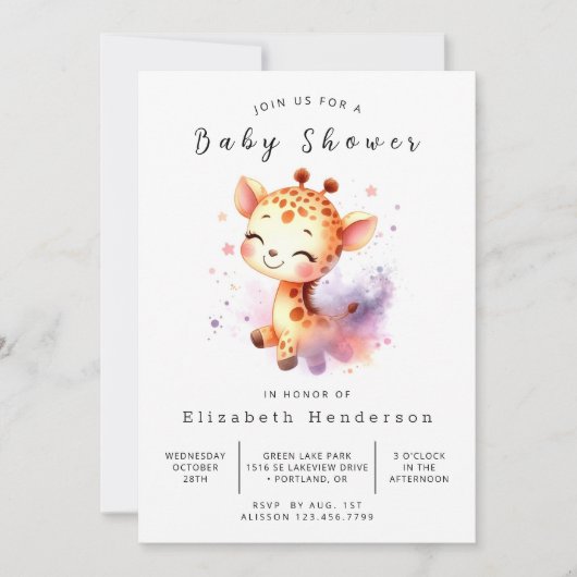 Fun Printable Giraffe Baby Dusche Einladung (Vorderseite)
