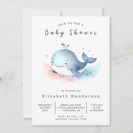 Fun Printable Whale Baby Dusche Einladung (Vorderseite)