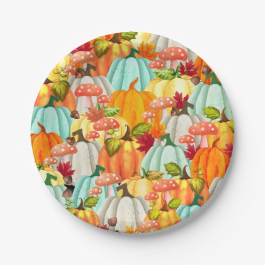 Fun Pumpkins Pilze und Herbstlaub Pappteller (Vorderseite)