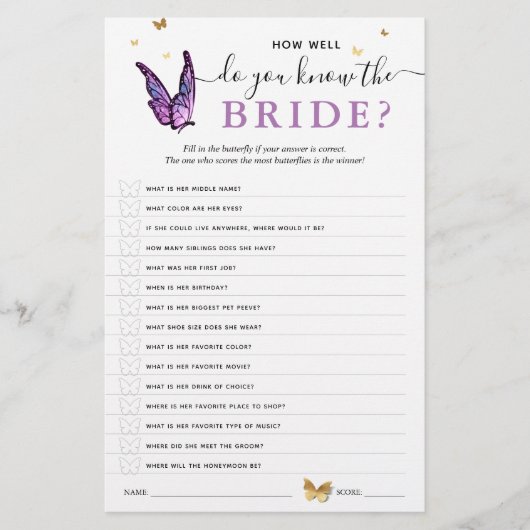 Fun Purple Watercolor Butterfly Bridal Shower Game (Vorderseite)