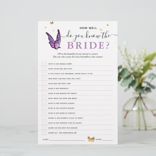 Fun Purple Watercolor Butterfly Bridal Shower Game (Stehend Vorderseite)